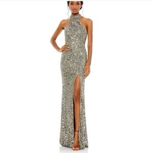 Mac Duggal sequin open back halter #4112L